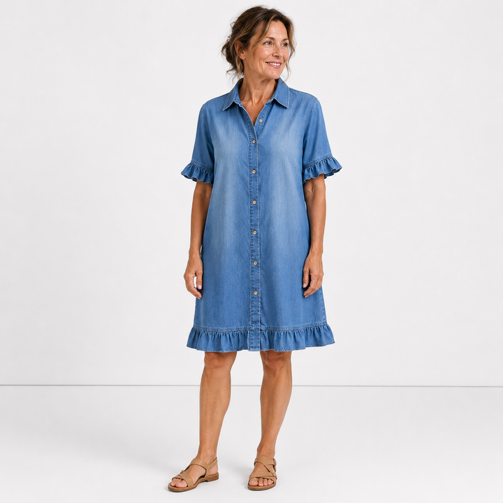 Marjolaine – Robe chemise en jean à volants