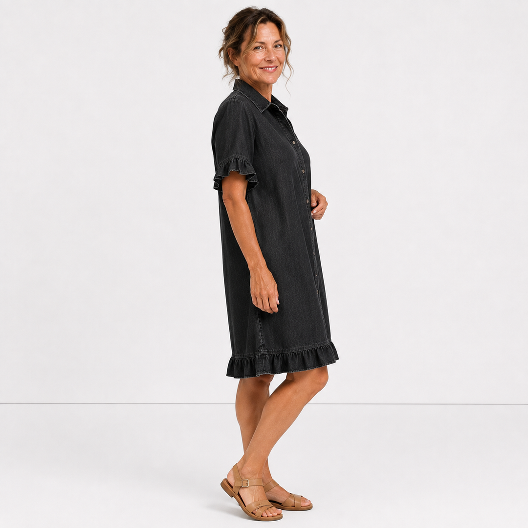 Marjolaine – Robe chemise en jean à volants
