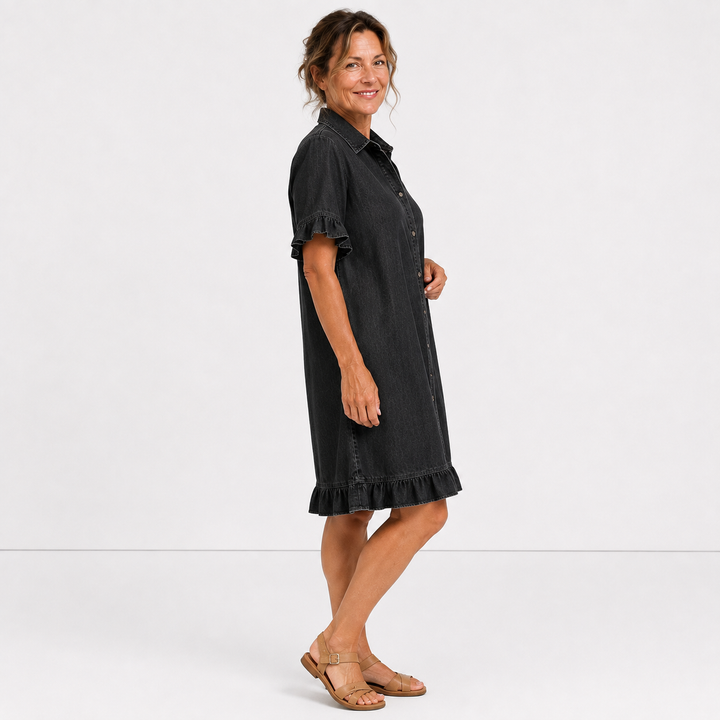 Marjolaine – Robe chemise en jean à volants