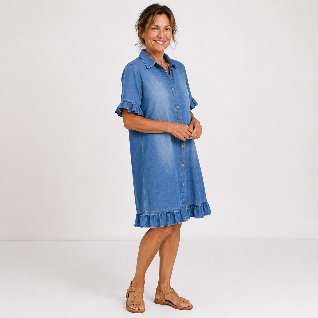 Marjolaine – Robe chemise en jean à volants