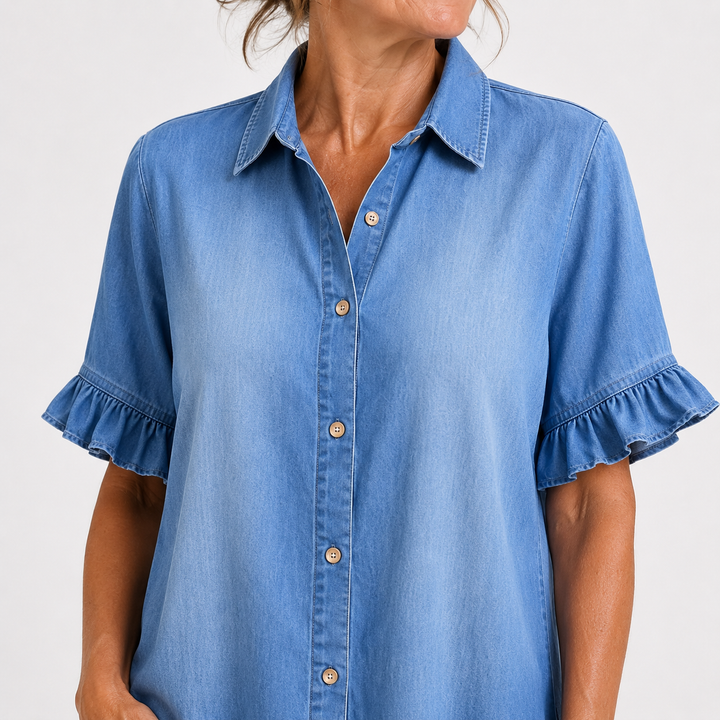 Marjolaine – Robe chemise en jean à volants